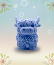 Load image into Gallery viewer, Handmade vegan soaps featuring a  large detailed highland cow. crafted with natural French clays, activated charcoal and essential oils. a eco-friendly, zero waste gift that’s cruelty-free, skin-nourishing, and perfect for highland coo lovers and animal themed gifts. small business UK
