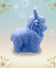 Load image into Gallery viewer, Handmade vegan soaps featuring a  large detailed highland cow. crafted with natural French clays, activated charcoal and essential oils. a eco-friendly, zero waste gift that’s cruelty-free, skin-nourishing, and perfect for highland coo lovers and animal themed gifts. small business UK
