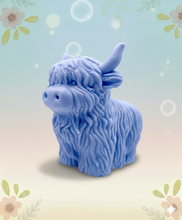 Load image into Gallery viewer, Handmade vegan soaps featuring a  large detailed highland cow. crafted with natural French clays, activated charcoal and essential oils. a eco-friendly, zero waste gift that’s cruelty-free, skin-nourishing, and perfect for highland coo lovers and animal themed gifts. small business UK
