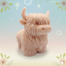 Load image into Gallery viewer, Handmade vegan soaps featuring a  large detailed highland cow. crafted with natural French clays, activated charcoal and essential oils. a eco-friendly, zero waste gift that’s cruelty-free, skin-nourishing, and perfect for highland coo lovers and animal themed gifts. small business UK

