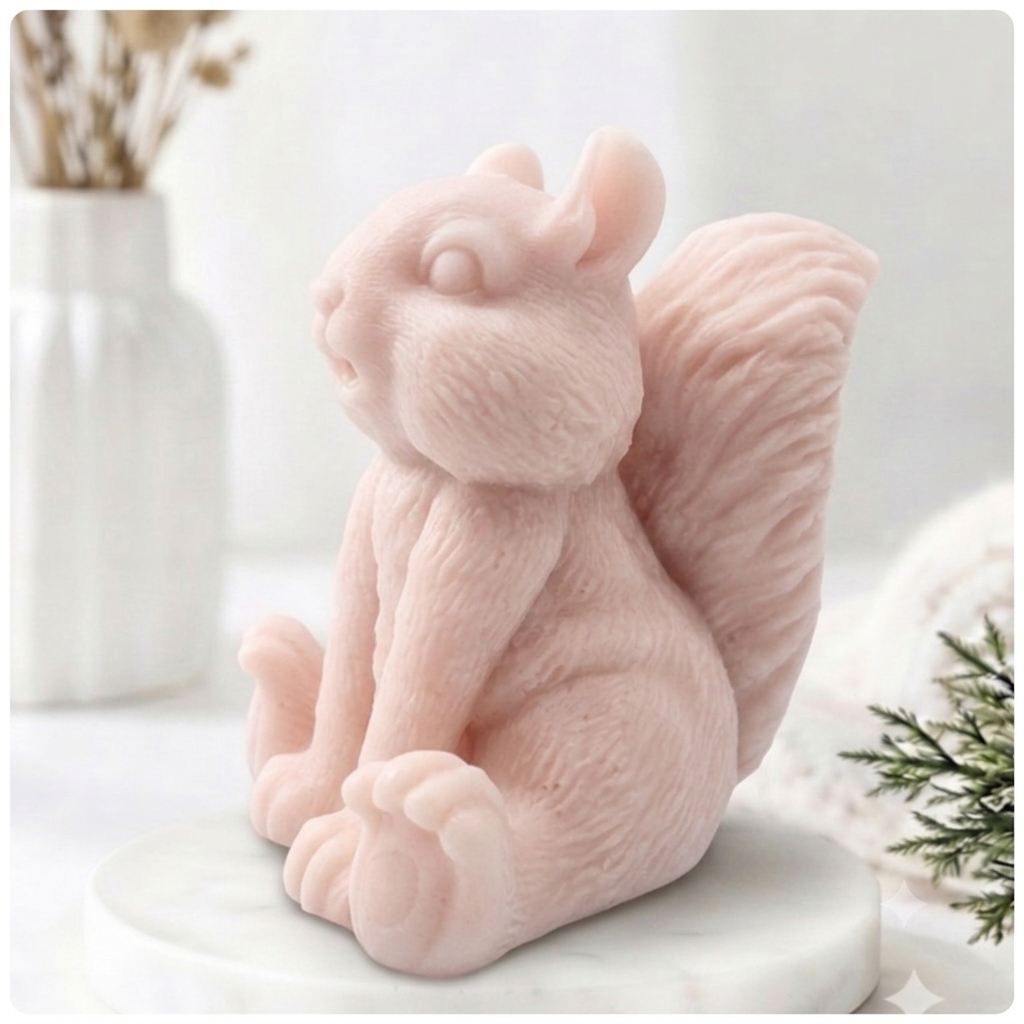 Handmade 3D squirrel-shaped soap sitting upright on a white marble display stand, featuring detailed textured fur and a bushy tail.