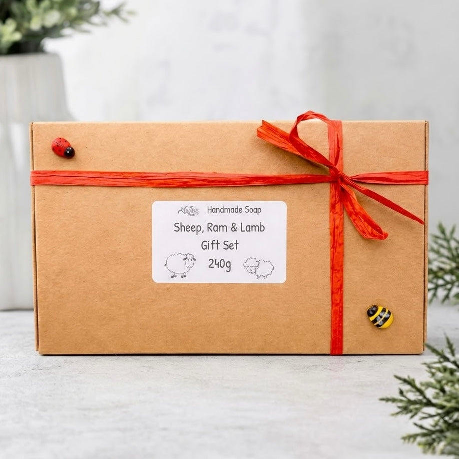 Eco-friendly kraft gift box packaging for a handmade vegan soap set, tied with a red ribbon and decorated with ladybug and bee accents, featuring a label reading "Sheep, Ram & Lamb Gift Set 240g