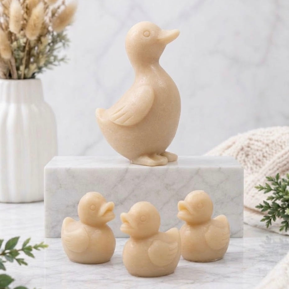 Luxury handmade duck and duckling vegan soap gift set in a soft yellow colour 