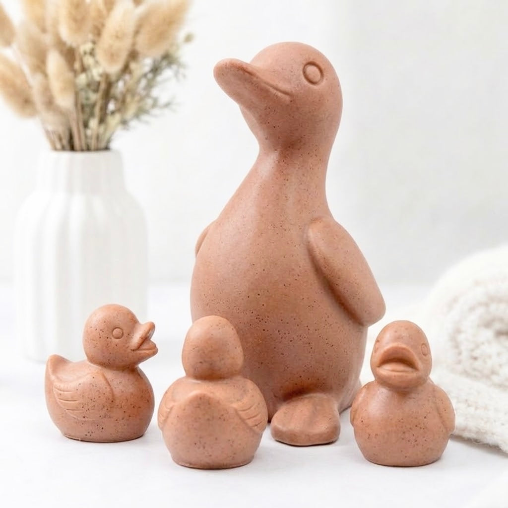 Handmade artisan duck and duckling vegan soap gift set crafted in a rich terracotta red clay.