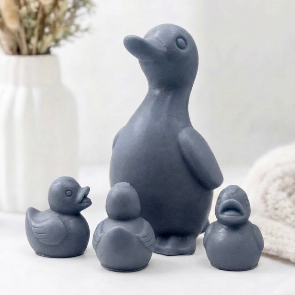 Natural plant-based duck family vegan soap gift set in a sophisticated charcoal grey tone.