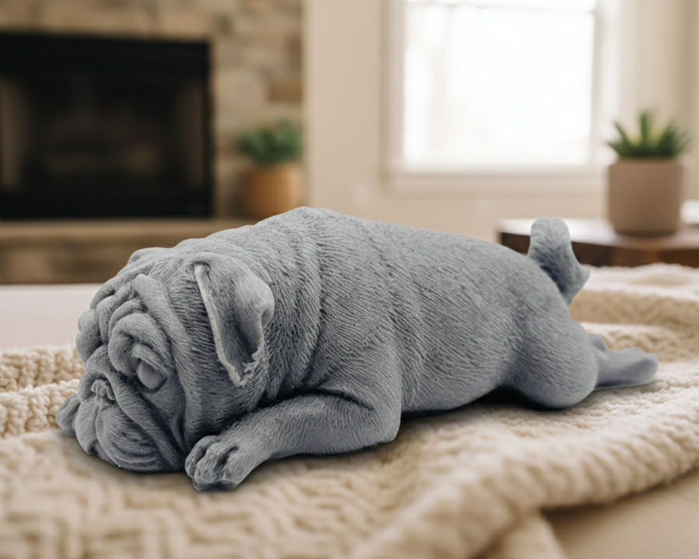 handmade vegan soap in the shape of a realistic sleeping pug dog lying flat, showing detailed wrinkles and fur texture, displayed in a spa-like setting with a candle and lavender.