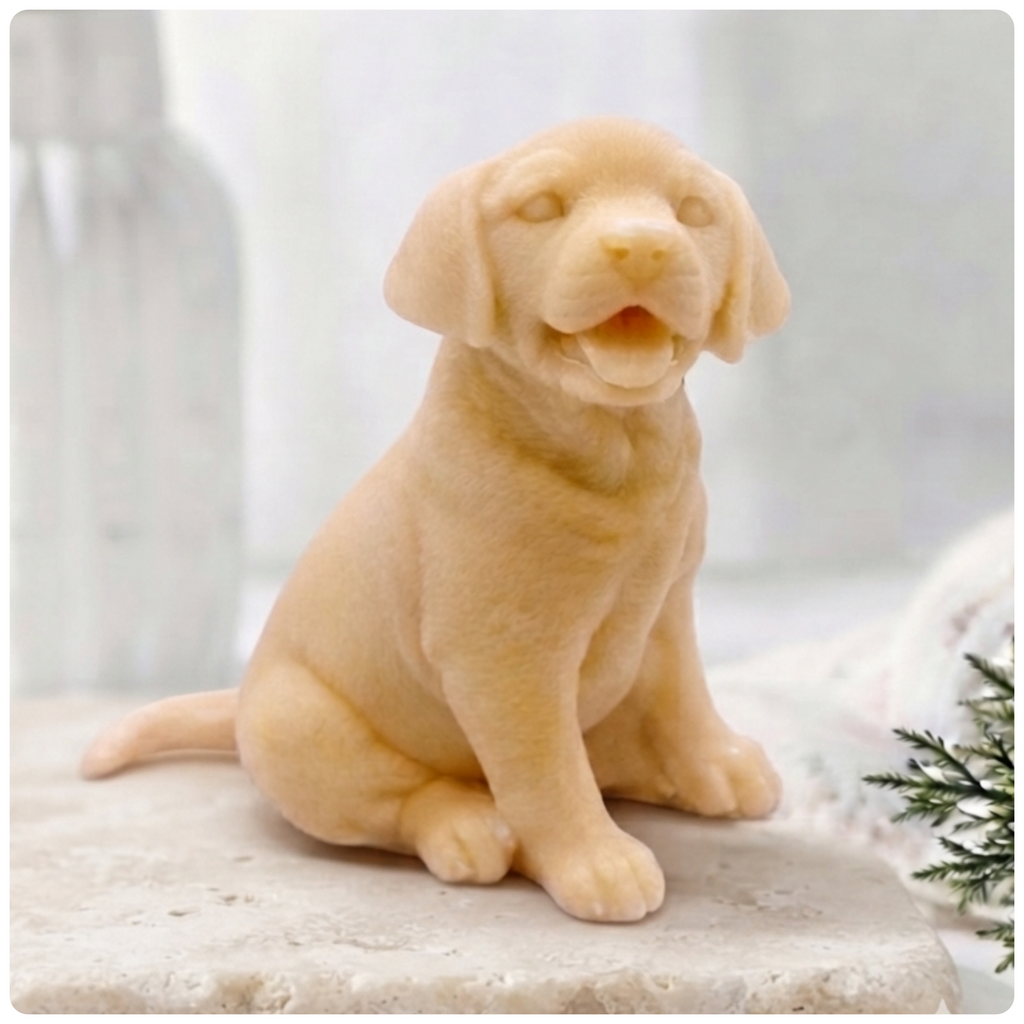 handmade vegan soap in the shape of a happy sitting Labrador retriever puppy sculpture with its tongue out, displayed in a bright farmhouse decor setting.