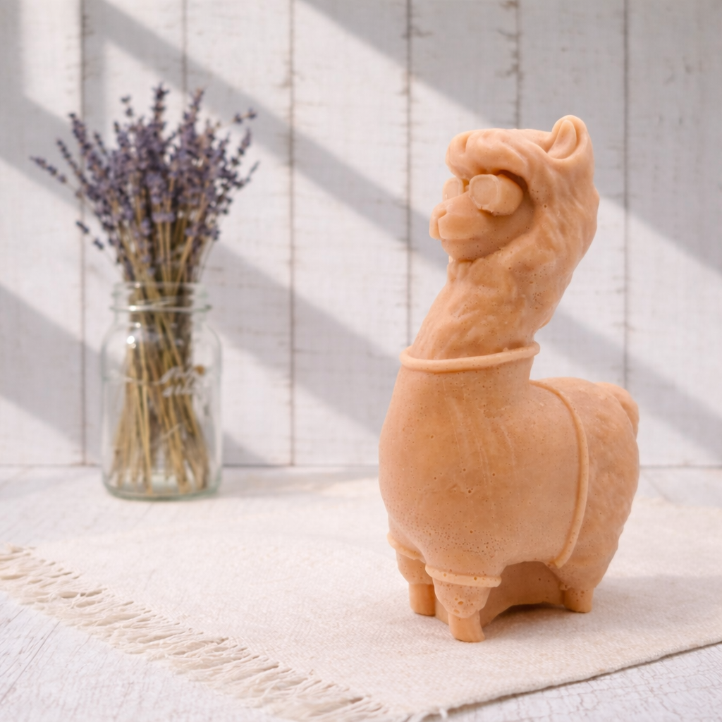 Decorative llama-shaped vegan soap on a white surface with a jar of lavender flowers in the background.