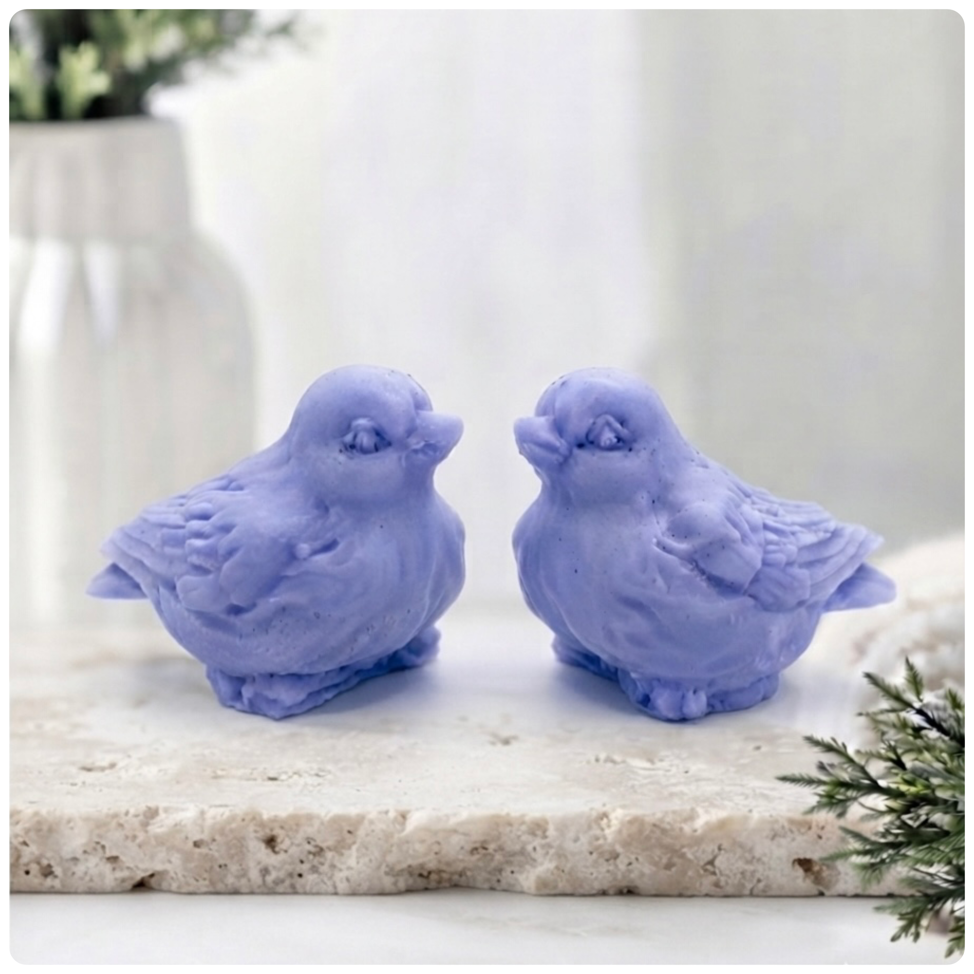 A handmade vegan soap gift set featuring two soaps sculpted into round, feathered birds facing each other, presented in a brown kraft box tied with a red raffia ribbon and decorated with a small bee and ladybird.