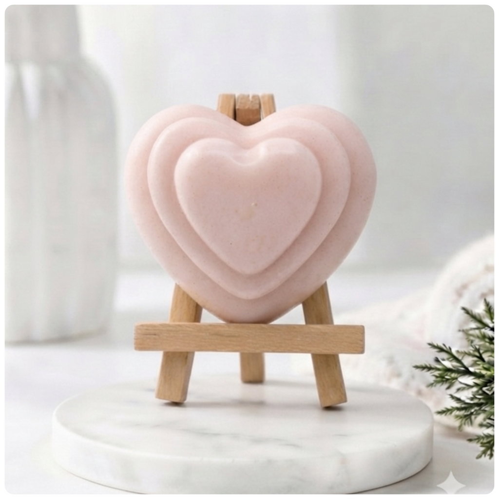 handmade vegan soap gift featuring a triple-tiered heart relief design, displayed on a wooden easel against a rustic farmhouse decor background with lavender.