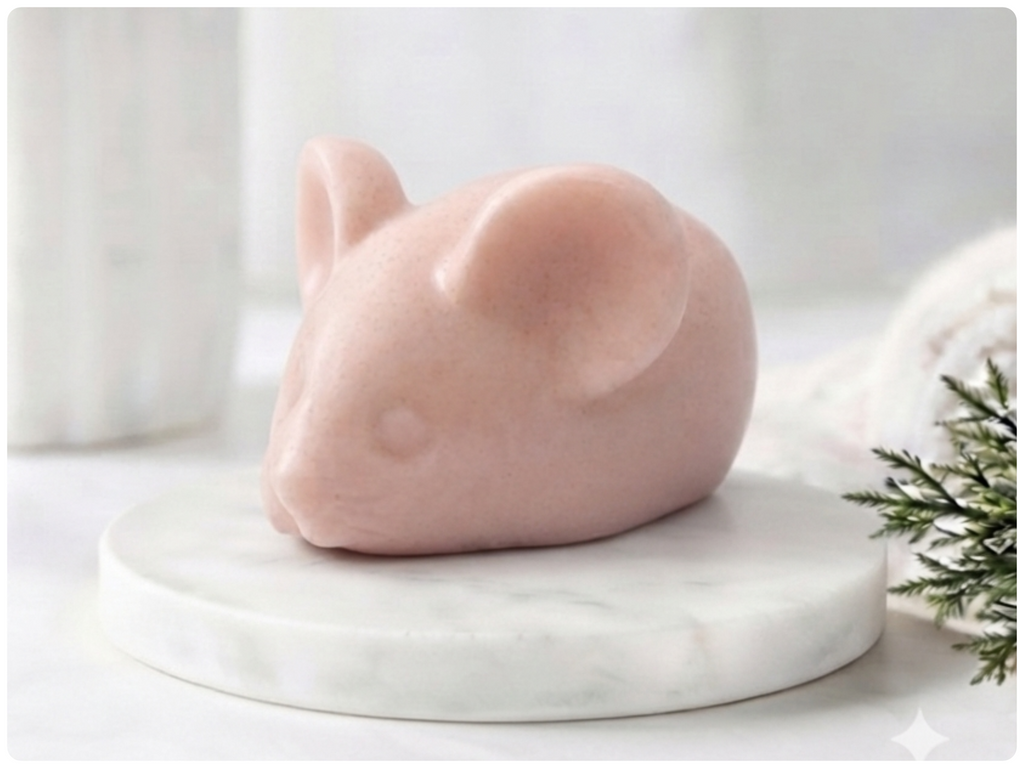 A 3D handmade vegan soap sculpted into the shape of a cute resting mouse with large rounded ears and a delicate snout, displayed on a light wooden surface in a bright farmhouse setting