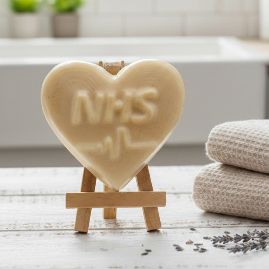 Heart-shaped vegan soap with 'NHS' text