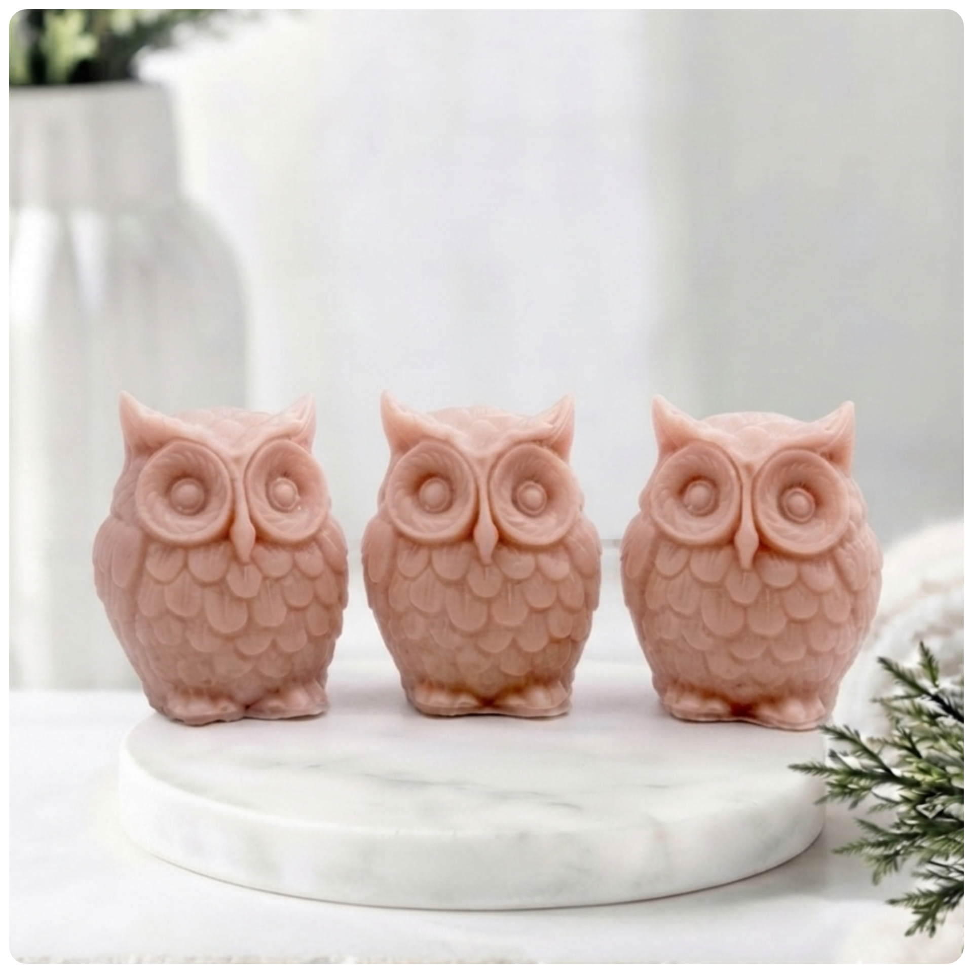 A gift set featuring three handmade vegan soaps shaped like barn owls , arranged in a row on a light wooden surface with white flowers in the background 
