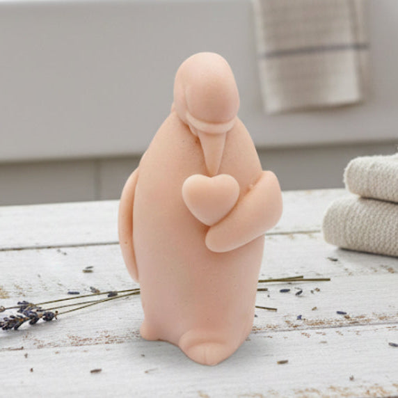 Handmade vegan soaps featuring a penguin holding a love heart  packaged in beautiful eco friendly packaging. Valentine’s Day gift idea 