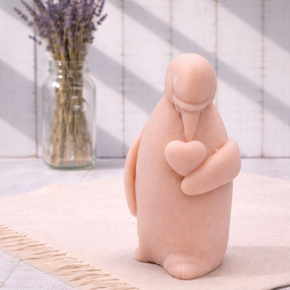 Handmade vegan soaps featuring a penguin holding a love heart  packaged in beautiful eco friendly packaging. Valentine’s Day gift idea 