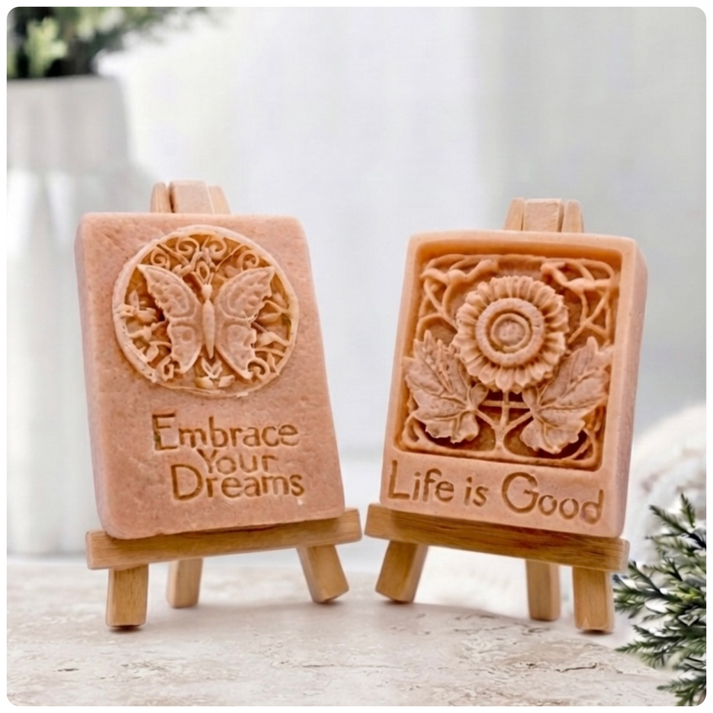 Handmade vegan soaps featuring a set of two positive quote soaps, gift boxed in beautiful eco friendly packaging. embrace your dreams and life’s good wording. 