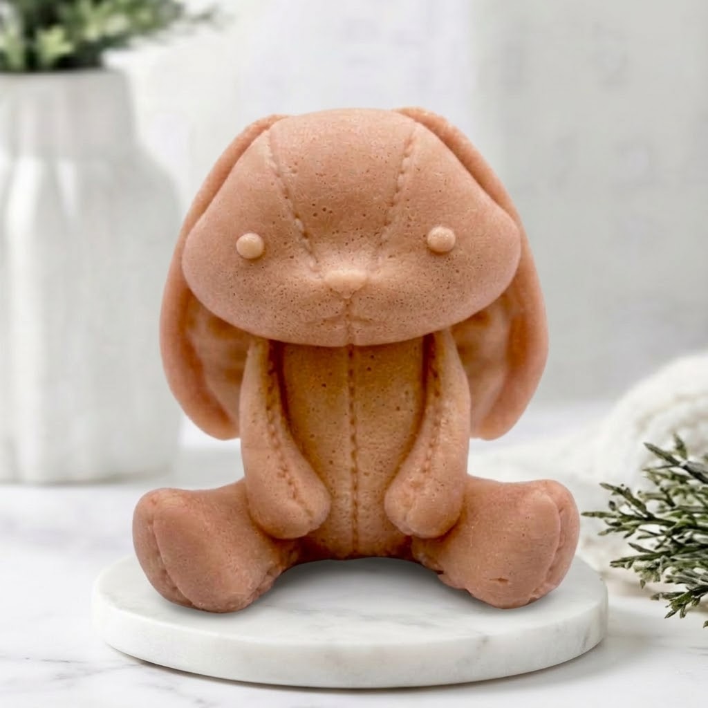 Handmade terracotta coloured vegan soaps featuring an adorable rabbit with big floppy ears and stitching detail