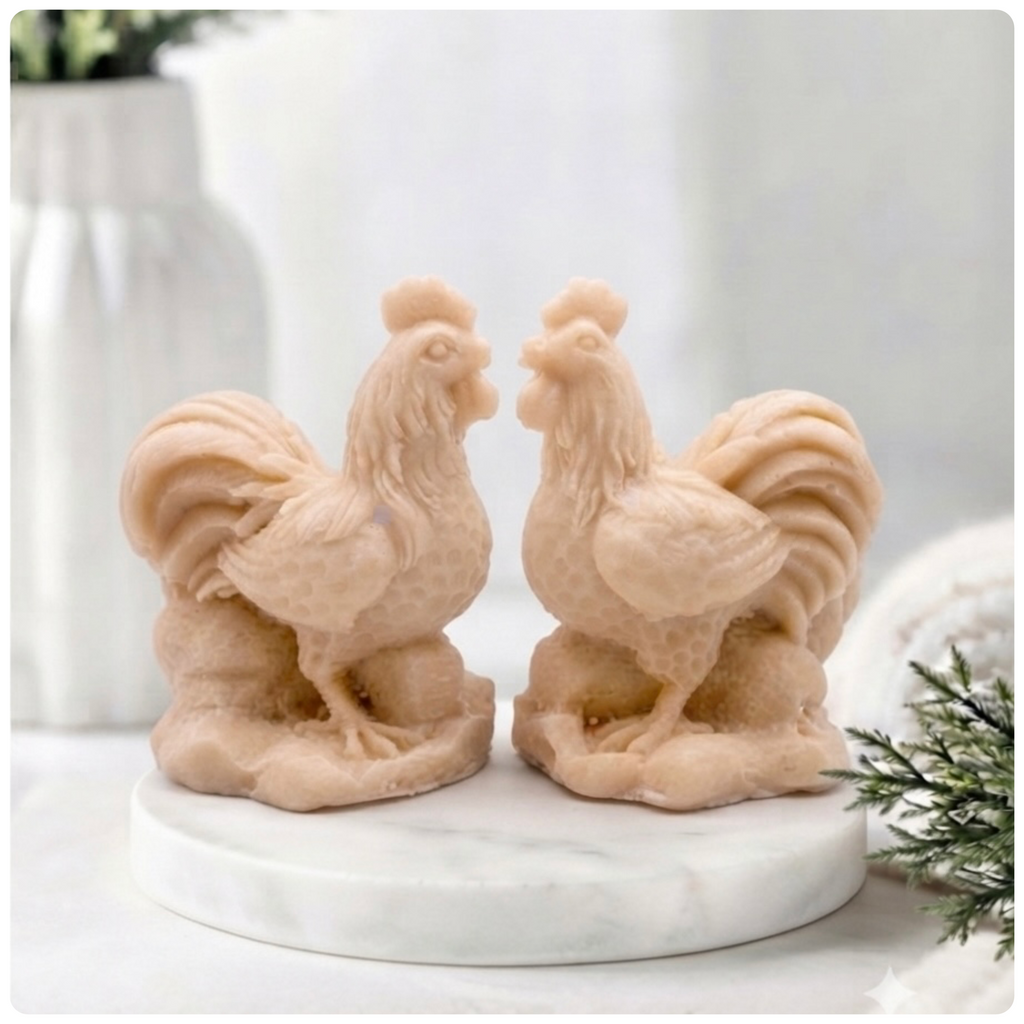 Two handmade vegan soaps sculpted in the shape of proud roosters (cockerels) with detailed feathers, combs, and curved tail feathers, standing on a rustic base, in a natural  colour. gift boxed.