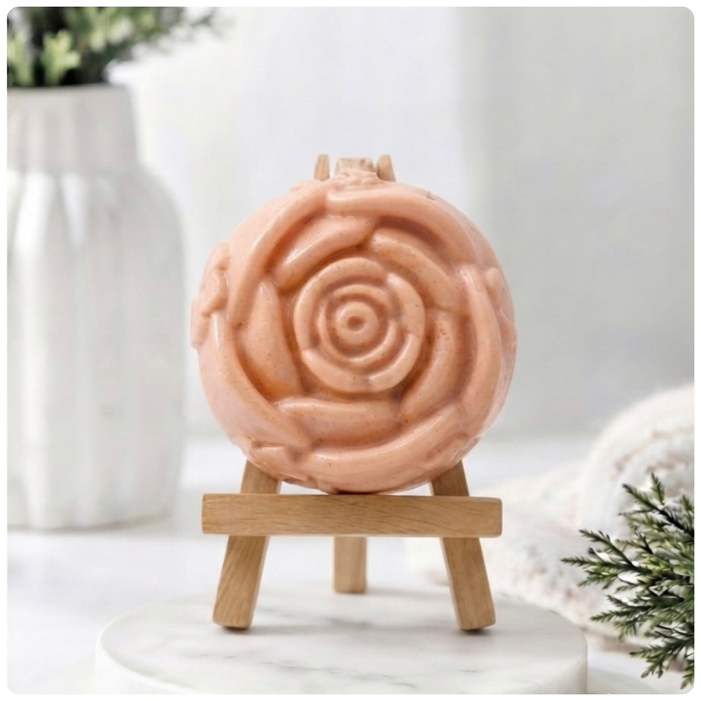A handmade vegan soap, intricately sculpted in the shape of a large, blooming rose flower with layered petals, displayed on a small wooden easel against a bright win