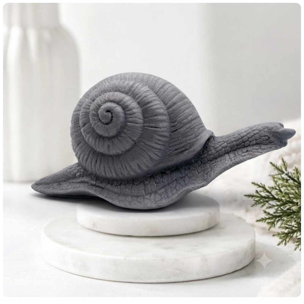 A highly detailed handmade vegan soap in a slate-grey tone, sculpted in the shape of a realistic snail with a prominent spiralled shell and a textured, leathery body, displayed on a light wooden surface.