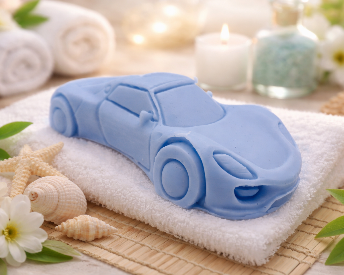 Blue car-shaped vegan soap on a white towel with flowers and candles in the background