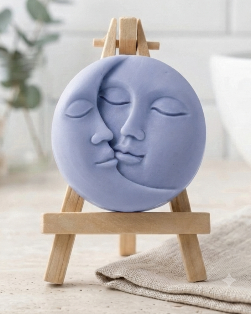 handmade vegan soap gift featuring a circular relief sculpture of a crescent moon and sun with peaceful intertwined faces, displayed on a small wooden easel in a bright farmhouse decor setting.