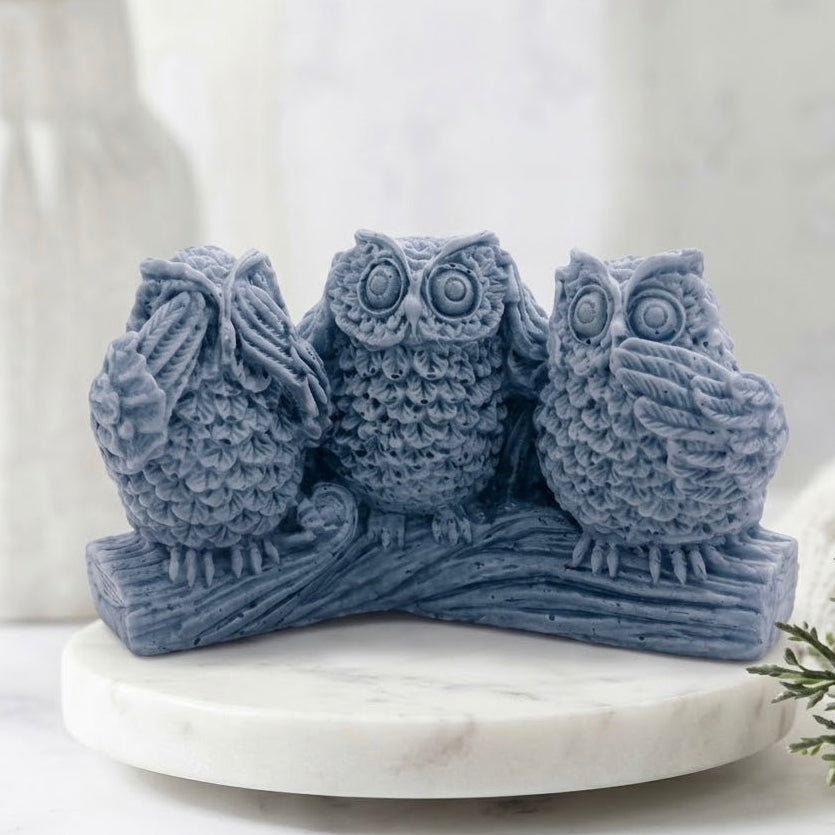 A set of three, charcoal grey, detailed handmade vegan owl soaps in a "See No, Hear No, Speak No Evil" pose, displayed on a rustic log base with a soft pastel farmhouse decor background.