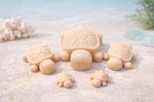 Load image into Gallery viewer, Handmade vegan soaps featuring a  set of 5 turtle family soaps and gift boxed in beautiful eco friendly packaging
