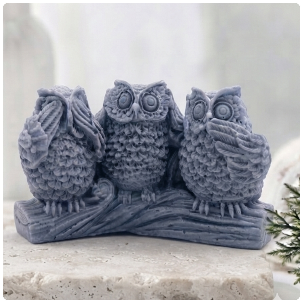A handmade vegan soap gift featuring three owls perched on a branch in the "See No Evil, Hear No Evil, Speak No Evil" poses, set against a bright window with white flowers.