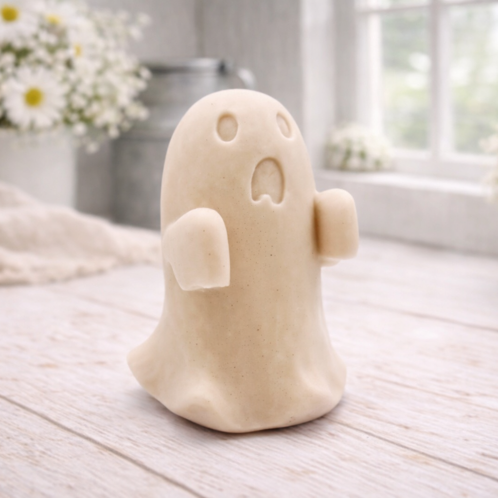 Handmade vegan soap ghost gift with a surprised expression, displayed on a light timber surface with soft white daisies in the background.