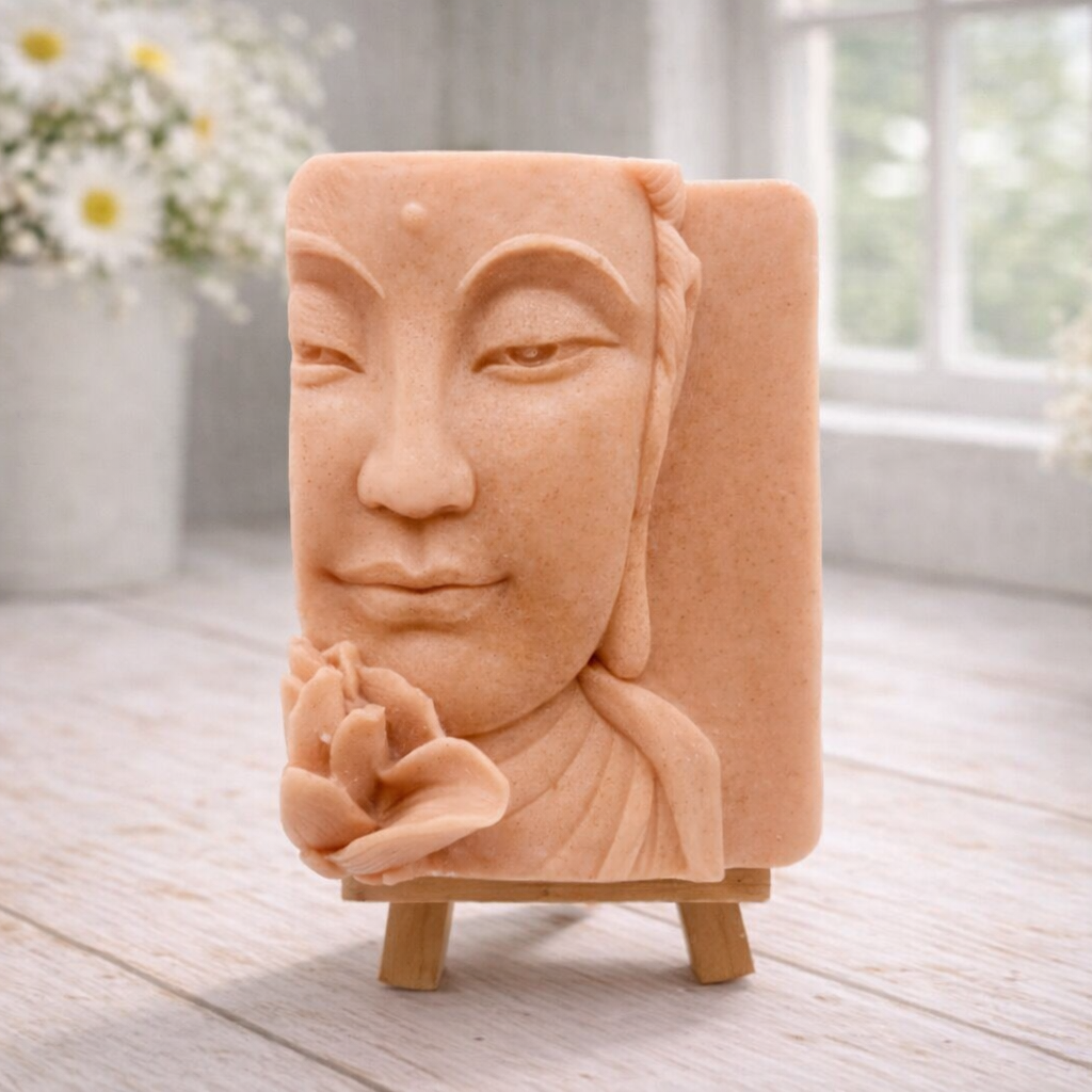 handmade vegan soap featuring a serene Buddha face relief with a lotus flower, displayed on a small wooden easel in a bright farmhouse decor setting with flowers and a rustic milk churn.