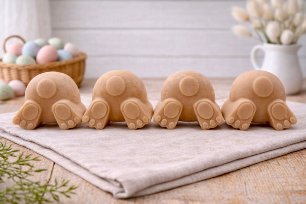 A set of four handmade vegan soaps in the shape of fluffy bunny tails and paws, displayed in a row on a neutral linen cloth with a basket of Easter eggs in the background.
