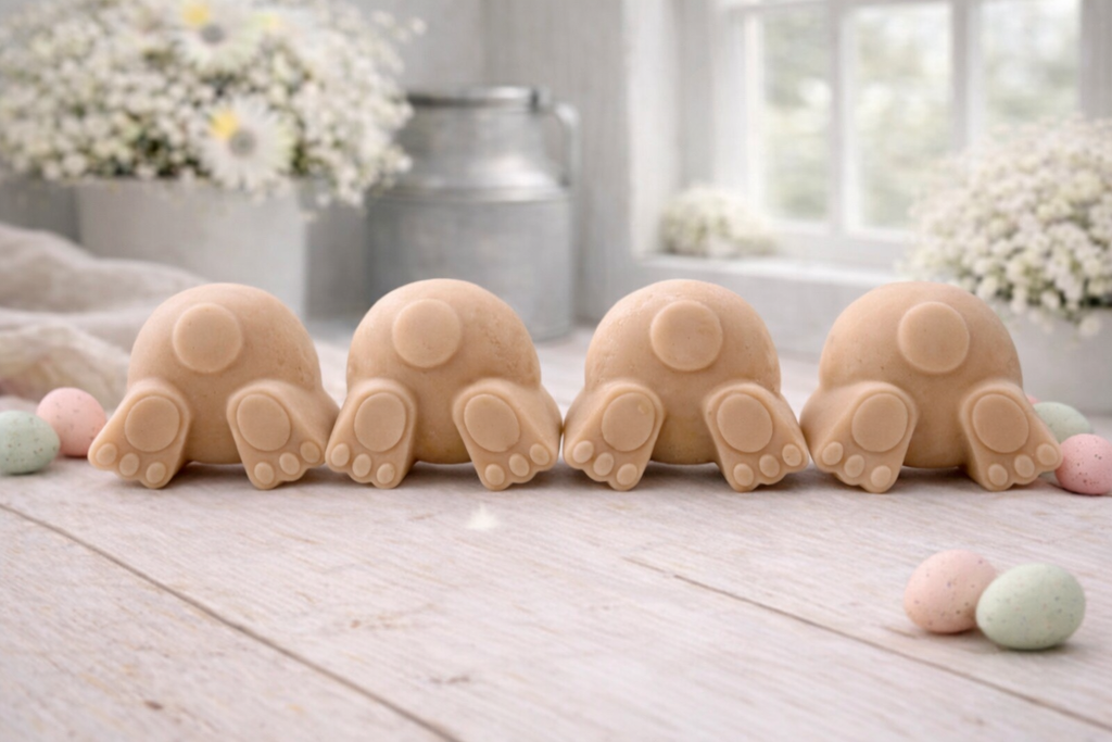 A set of four handmade vegan soaps in the shape of fluffy bunny tails and paws, displayed in a row on a neutral linen cloth with a basket of Easter eggs in the background.