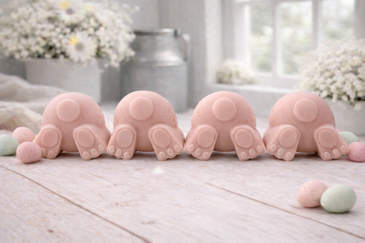 A set of four handmade vegan soaps in the shape of fluffy bunny tails and paws, displayed in a row on a neutral linen cloth with a basket of Easter eggs in the background.