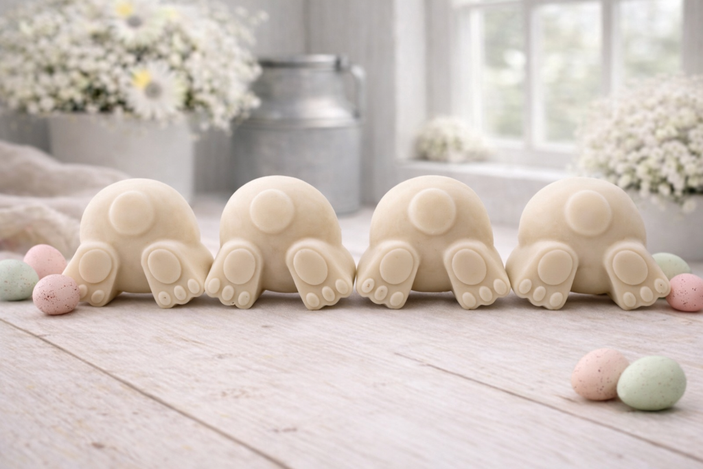 A set of four handmade vegan soaps in the shape of fluffy bunny tails and paws, displayed in a row on a neutral linen cloth with a basket of Easter eggs in the background.