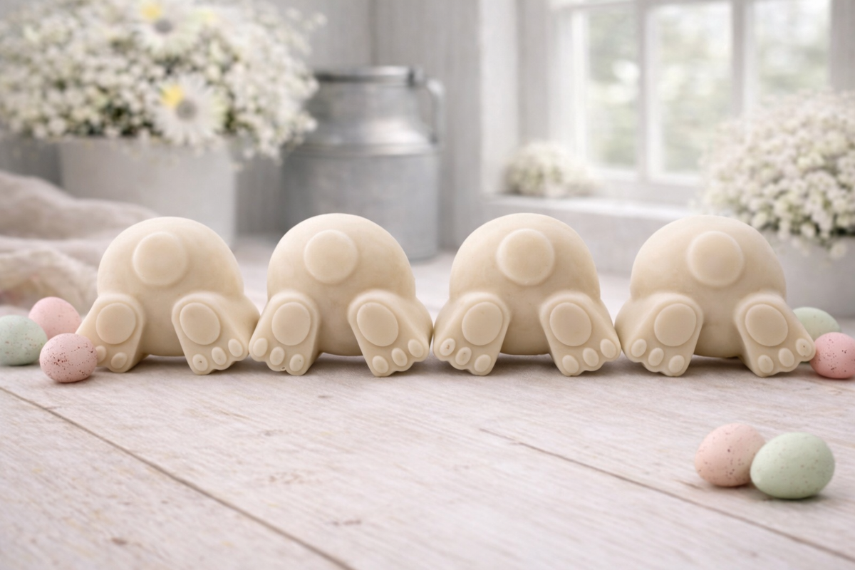 A set of four handmade vegan soaps in the shape of fluffy bunny tails and paws, displayed in a row on a neutral linen cloth with a basket of Easter eggs in the background.