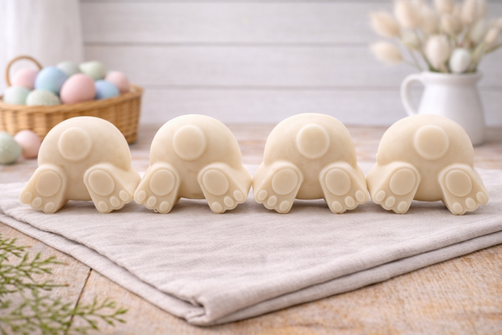 A set of four handmade vegan soaps in the shape of fluffy bunny tails and paws, displayed in a row on a neutral linen cloth with a basket of Easter eggs in the background.