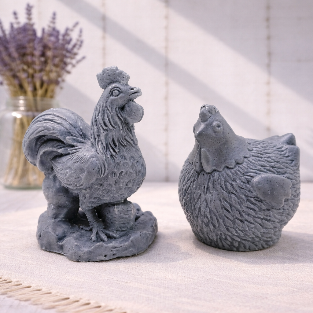 Two rooster and hen vegan soap figurines gift set