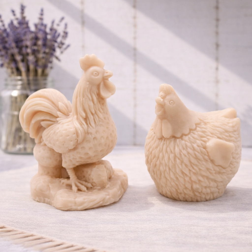 Two rooster and hen vegan soaps figurines gift set 