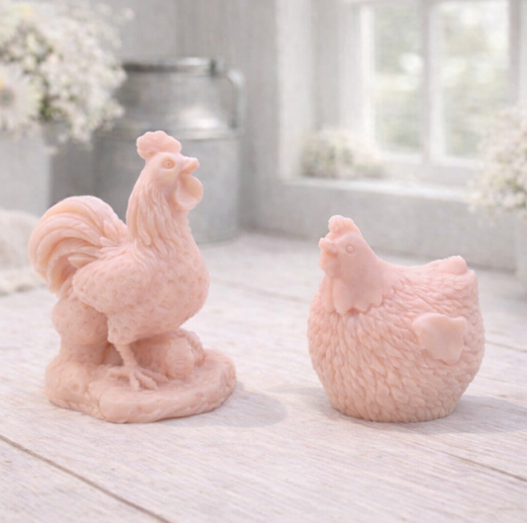 Two pink chicken and rooster vegan soaps figure gift set 