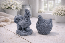 Load image into Gallery viewer, Two grey charcoal chicken and rooster vegan soaps figure gift set 

