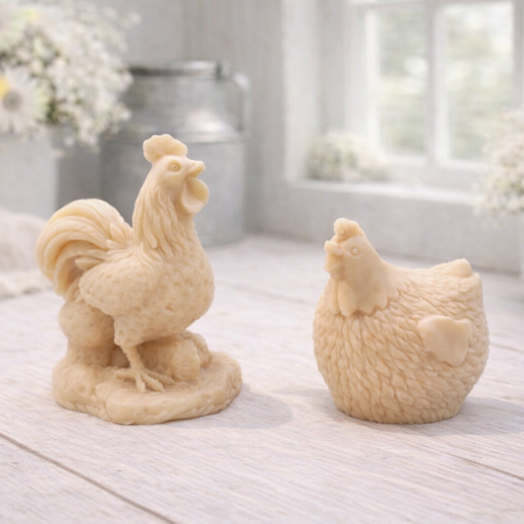 Two yellow chicken and rooster vegan soaps figure gift set 