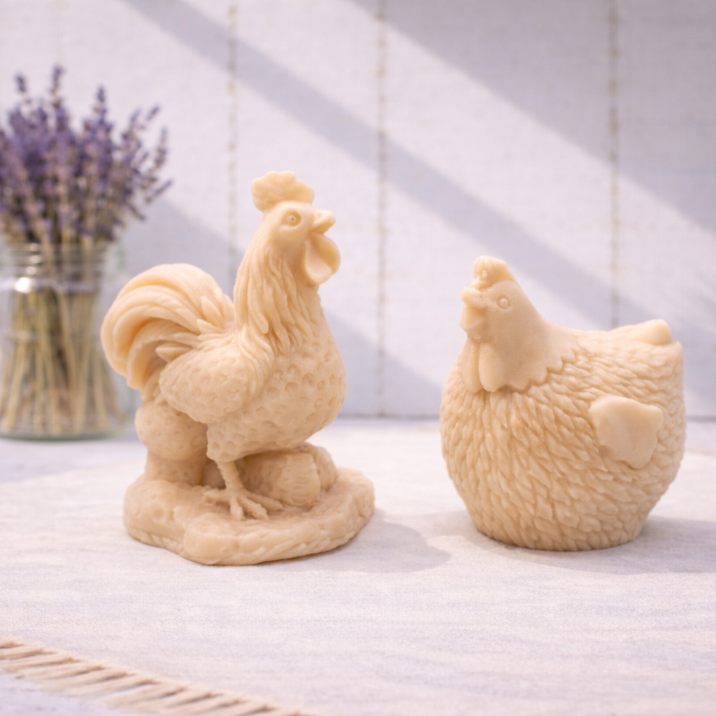 Two chicken and rooster vegan soaps figure gift set 