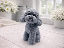 Load image into Gallery viewer, handmade vegan soap in the shape of a realistic sitting cockapoo or poodle sculpture, featuring detailed curly fur texture and a classic poodle groom, displayed on a rustic white wooden surface in a bright farmhouse decor setting.
