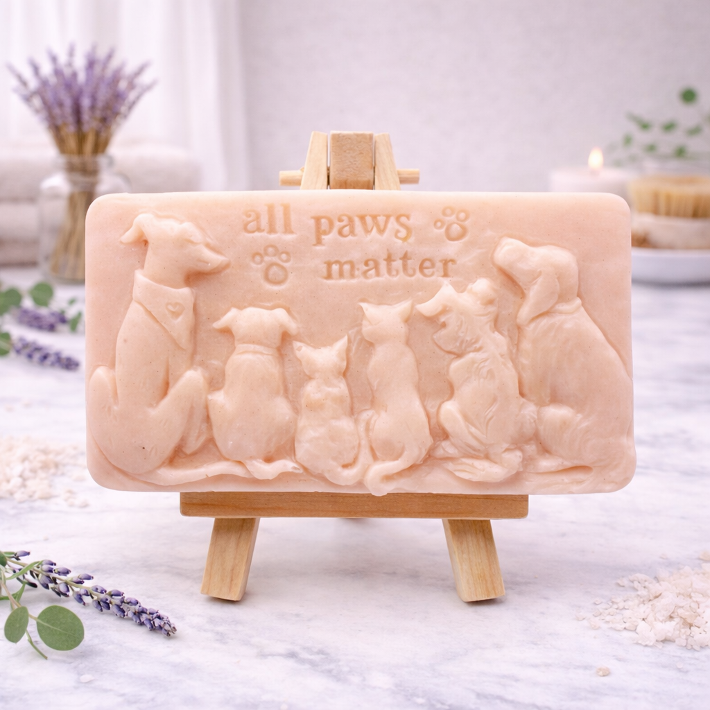 handmade vegan soap featuring a detailed 3D relief of various dog breeds sitting in a row with the text "all paws matter," displayed on a wooden easel against a rustic farmhouse decor background.