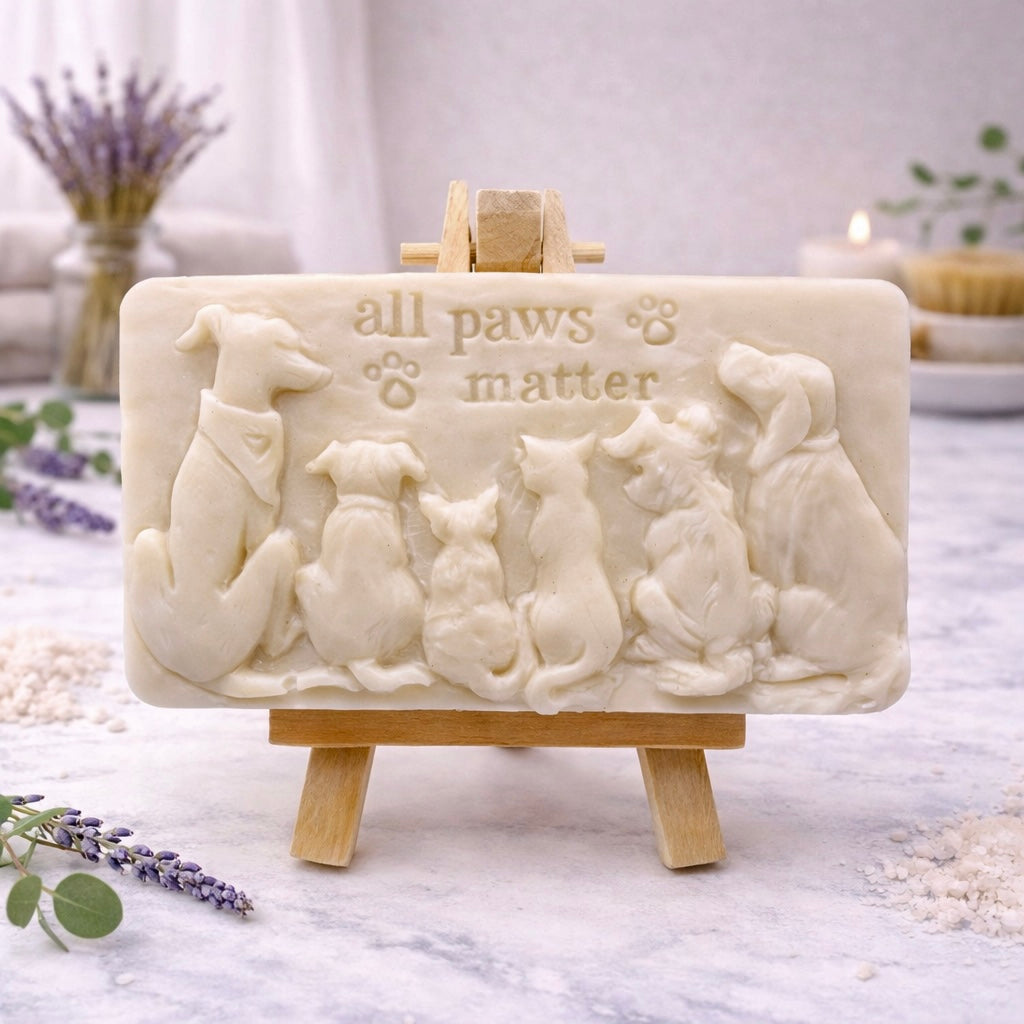 handmade vegan soap featuring a detailed 3D relief of various dog breeds sitting in a row with the text "all paws matter," displayed on a wooden easel against a rustic farmhouse decor background.