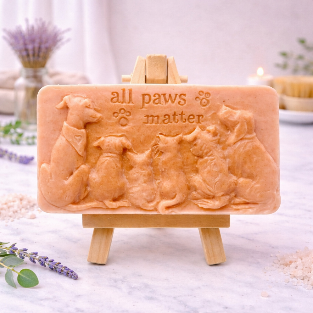 handmade vegan soap featuring a detailed 3D relief of various dog breeds sitting in a row with the text "all paws matter," displayed on a wooden easel against a rustic farmhouse decor background.