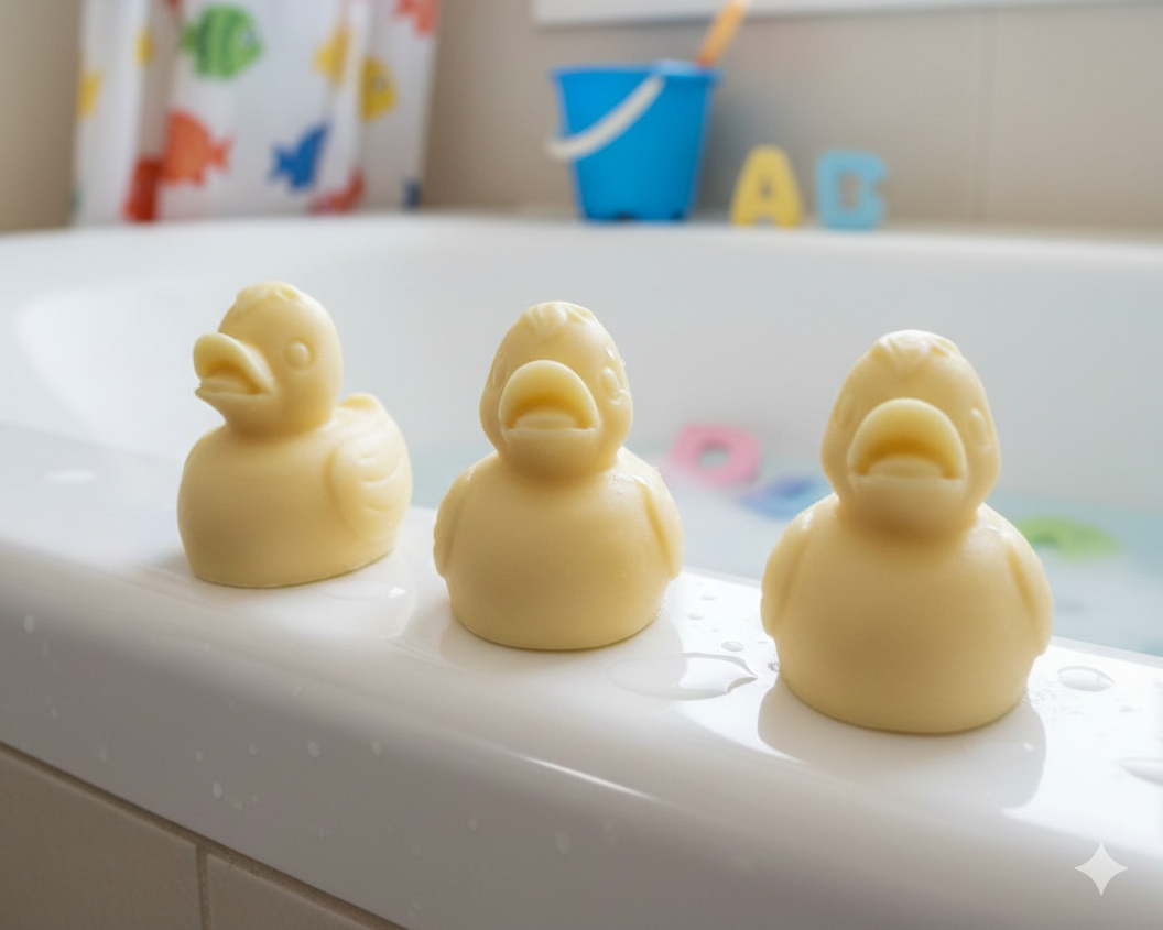 Three handmade vegan soaps in the shape of fluffy ducklings with open beaks, displayed on a neutral linen cloth in a bright farmhouse decor setting with Easter eggs in the background.