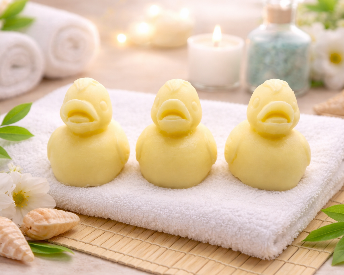 Three handmade vegan soaps in the shape of fluffy ducklings with open beaks, displayed on a neutral linen cloth in a bright farmhouse decor setting with Easter eggs in the background.
