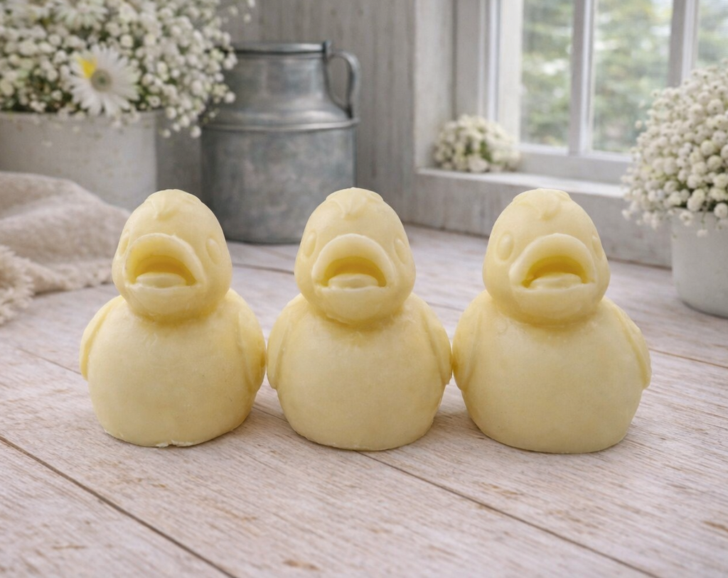 Three handmade vegan soaps in the shape of fluffy ducklings with open beaks, displayed on a neutral linen cloth in a bright farmhouse decor setting with Easter eggs in the background.